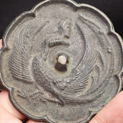 Early Antique China Chinese Bronze Hand Mirror - Bird Design Flower Shape 1700s?