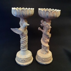 Pair of Antique Bronze Figural Candle Stick Holders Dragon And Bird Figurine