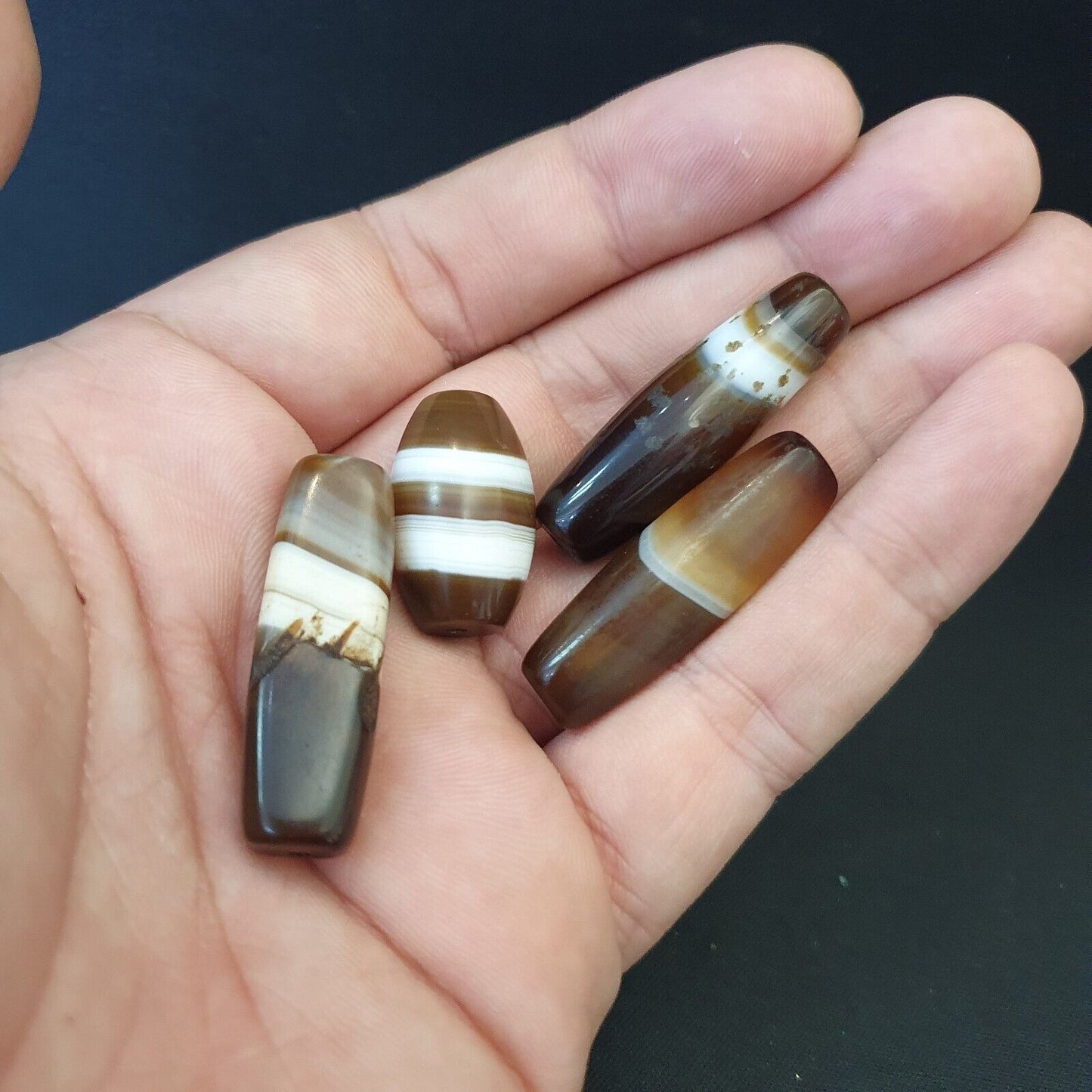 古董老也門瑪瑙天然稀有圖案帶狀瑪瑙珠 4 顆
