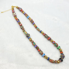 Vintage Tibetan Nepalese beads Chevron Glass Beads Brass Gold Plated Necklace #1