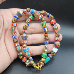 Vintage Tibetan Nepalese beads Chevron Glass Beads Brass Gold Plated Necklace #3