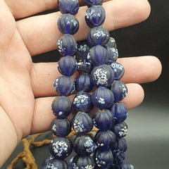 VINTAGE old African Style Blue Floral ART Fancy GLASS BEADS Strand