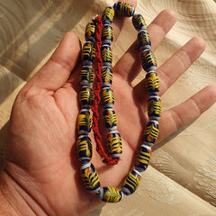 vintage Blue Fancy Feather Pattern glass beads Long Necklace