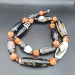 Himalayan old Antique Carnelian black Agate Beads Necklace Mala Indo-Tibetan