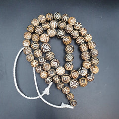 Asian Burmese Old Pumtek petrified Wood Stone beads Long necklace rare pattern