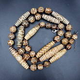 South Asian Burmese Old Pumtek petrified Wood Stone beads Long necklace