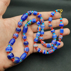 Blue Chevron and White Heart Venetian Beads African Glass Beads Necklace #24