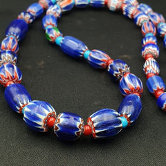 Blue Chevron and White Heart Venetian Beads African Glass Beads Necklace #24