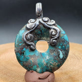 VINTAGE Antique Natural Blue Turquois 925 SILVER Donut Shape Pendant Necklace