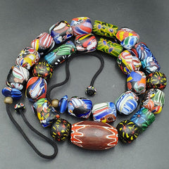 Vintage African Asian mosaic Glass Chevron Beads Long Strand necklace 350 grams
