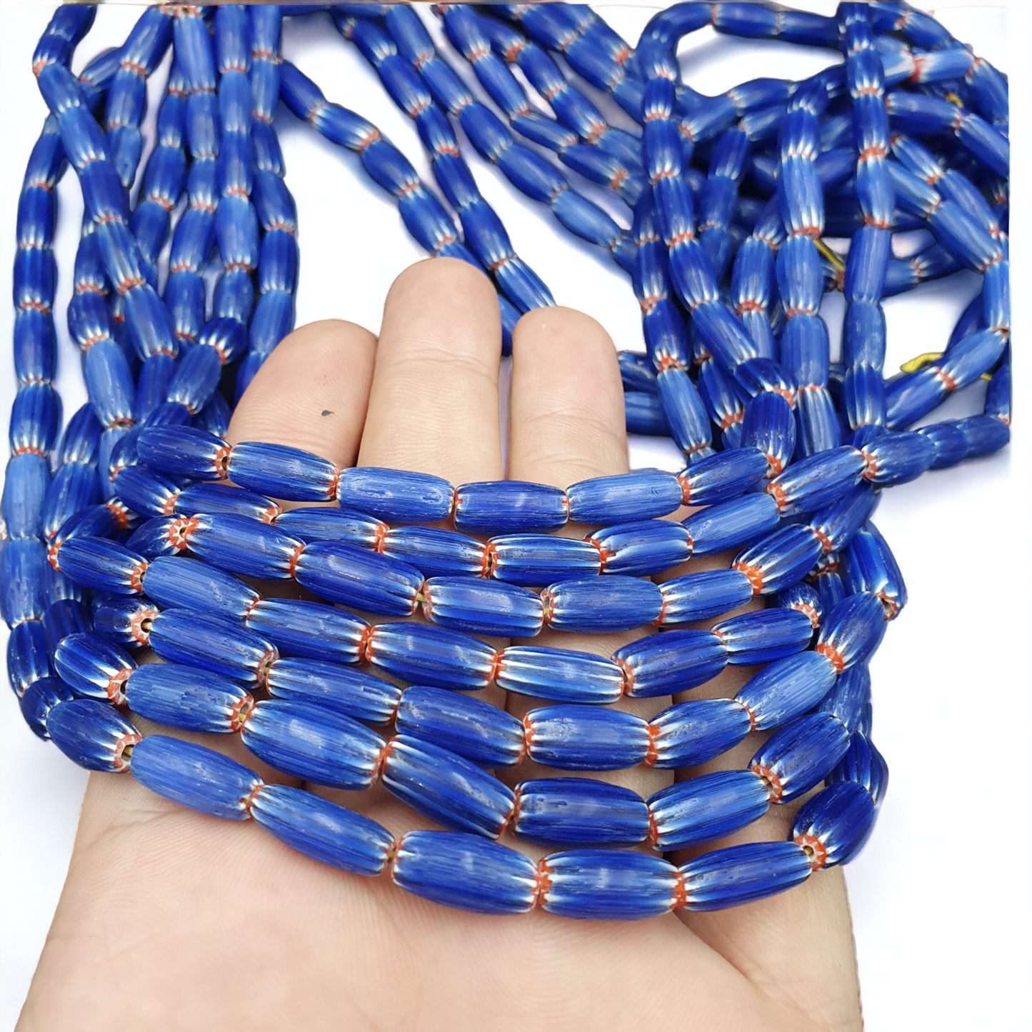 3 lange Stränge Vintage BLAU Chevron Perlen im venezianischen afrikanischen Stil 13mmx6mm Perlen