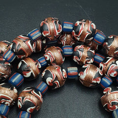 Vintage Aventurine Millefiori Black Fancy Feather glass beads 10mm 24" Necklace