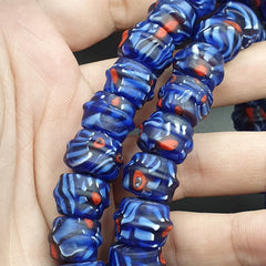 Vintage Unique Shape Floral blue glass Beads / Beaded long Strand Necklace