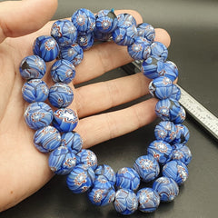 Vintage Floral blue glass Beads / Beaded long Strand Necklace 15-16mm