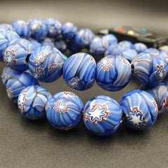 Vintage Floral blue glass Beads / Beaded long Strand Necklace 15-16mm