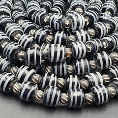 Vintage Black & White Stripes GLASS ANTIQUE style BEADS 11-12MM Necklace Strand