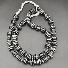 Vintage Black & White Stripes GLASS ANTIQUE style BEADS 11-12MM Necklace Strand