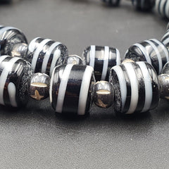 Vintage Black & White Stripes GLASS ANTIQUE style BEADS 11-12MM Necklace Strand