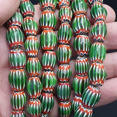 Vintage Venetian African Style Green Glass Chevron 9mmx13mm Beads Long Strand