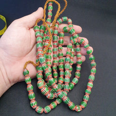 Vintage Venetian African Style Green Glass Chevron 9mmx13mm Beads Long Strand