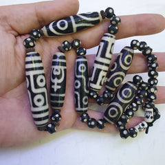 Lot 7 Antique Himalayan Tibetan Black Agate Eye Beads Dzi Bead Amulet Necklace