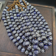 BEAUTIFUL OLD Hand Painted Etched Blue GLASS Vintage ANTIQUE BEADS 17-18mm