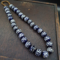 BEAUTIFUL OLD Hand Painted Etched Blue GLASS Vintage ANTIQUE BEADS 17-18mm