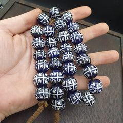 BEAUTIFUL OLD Hand Painted Etched Blue GLASS Vintage ANTIQUE BEADS 17-18mm
