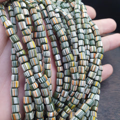 Lot 2 Strands OLD AFRICAN Yellow Stripes Green GLASS BEADS Vintage Strands