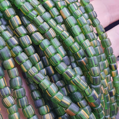 Lot 2 Strands OLD AFRICAN Yellow Stripes Green GLASS BEADS Vintage Strands