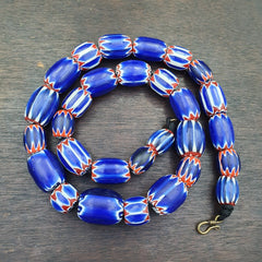 Vintage Venetian Style Trade Beads Blue Chevron Glass Beads Long necklace -B2