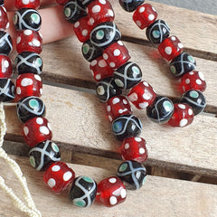 Vintage Red Skunk white Dotted and Black Eyes Glass Beads Strand Necklace