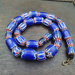 Vintage Venetian Style Trade Beads Blue Chevron Glass Beads Long necklace -B2