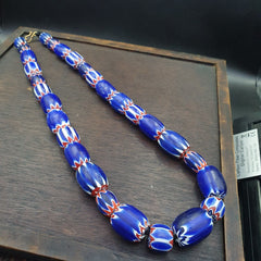 Vintage Venetian Style Trade Beads Blue Chevron Glass Beads Long necklace -B2