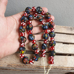 Vintage Red Skunk Eyes Mosaic Style Beads Strand GLASS BEADS Necklace