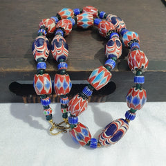 Stunning Vintage Venetian Style Chevron Feather Glass Beads Necklace N-44