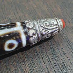 Coral 925 Sterling Silver 9 Eyes Tibetan Nepalese dzi bead Agate pendant