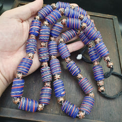 Vintage African Style Blue Glass Aventurine Fancy Glass Beads Beaded Necklace