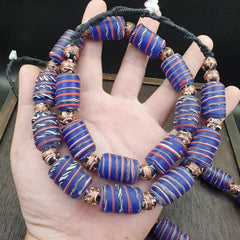Vintage African Style Blue Glass Aventurine Fancy Glass Beads Beaded Necklace