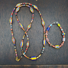 Set of Vintage Venetian Style Old African Glass Chevron Beads Long Necklace AH-4