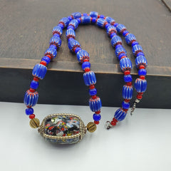 Vintage Venetian White heart With Blue Chevron Glass Beads Necklace. BG-14