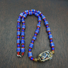 Vintage Venetian White heart With Blue Chevron Glass Beads Necklace. BG-14