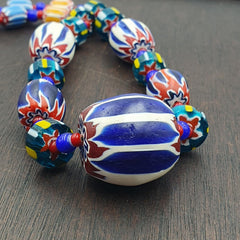 Vintage Venetian White heart With Blue Chevron Glass Beads Necklace. BG-13