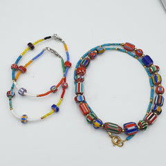 Set Vintage Venetian Style Chevron and Tiny Turquoise Seed Beads Necklace.