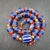 Venetian Red White Heart 6mm and Blue Chevron Glass Beads Necklace NCH-4
