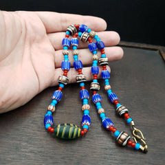 Antique white heart Venetian Style Blue Chevron Glass Beads necklace N9-9