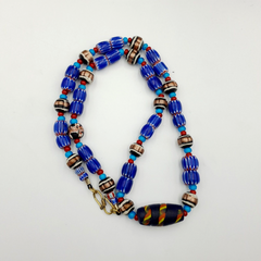 Antique white heart Venetian Style Blue Chevron Glass Beads necklace N9-5