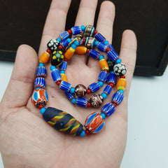 Antique white heart Venetian Style Blue Chevron Glass Beads necklace N9-7
