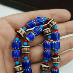 Antique white heart Venetian Style Blue Chevron Glass Beads necklace N9-5