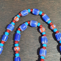 Antique white heart Venetian Style Blue Chevron Glass Beads necklace N9-1